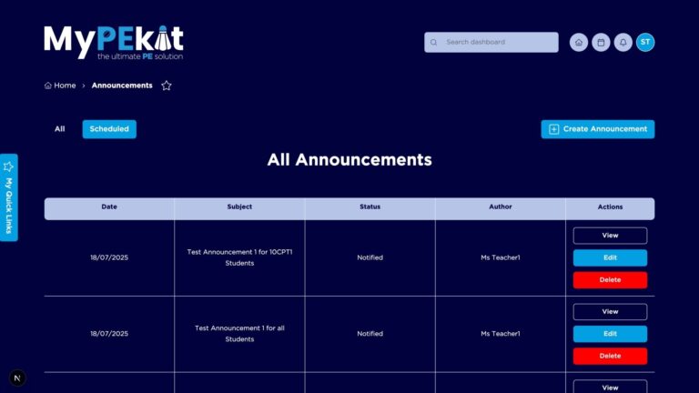 Communication and announcements on MyPEkit