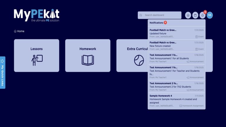 Dashboard notifications for students on MyPEkit