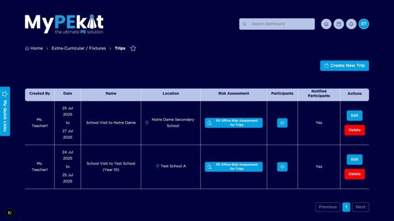 Manage trips fixtures and risk assessments on MyPEkit