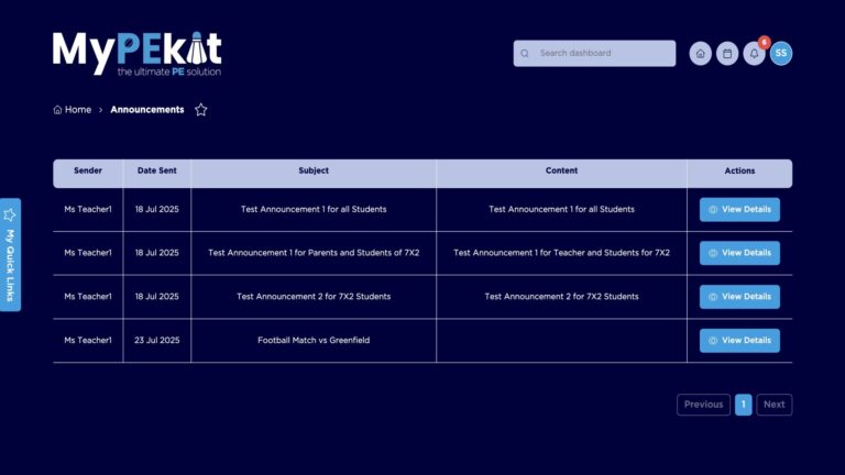 MyPEkit announcements for students