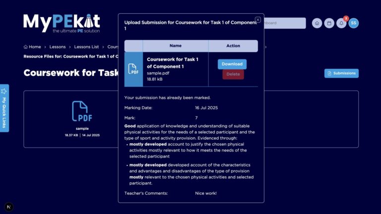 MyPEkit students courseworks submission marked