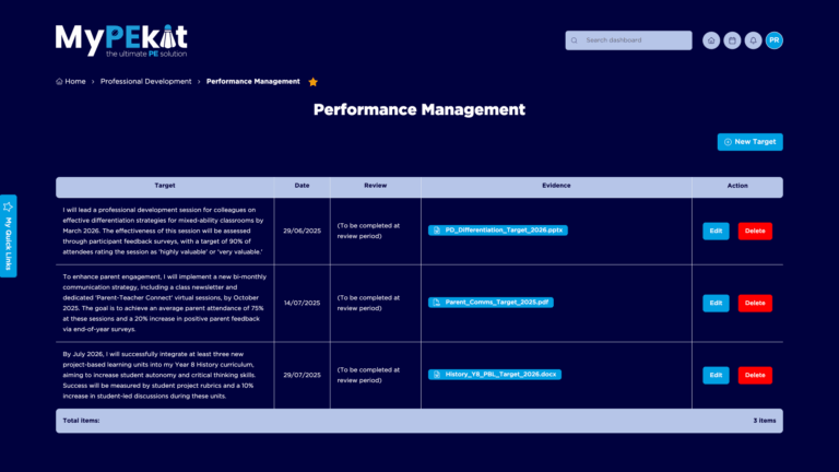 PE teacher professional development performance target list on MyPEkit