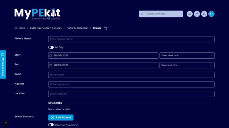 PE teachers can create fixtures on MyPEkit