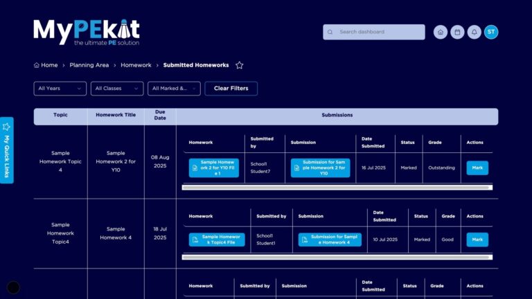PE teachers can use homework and assessment dashboards on MyPEkit